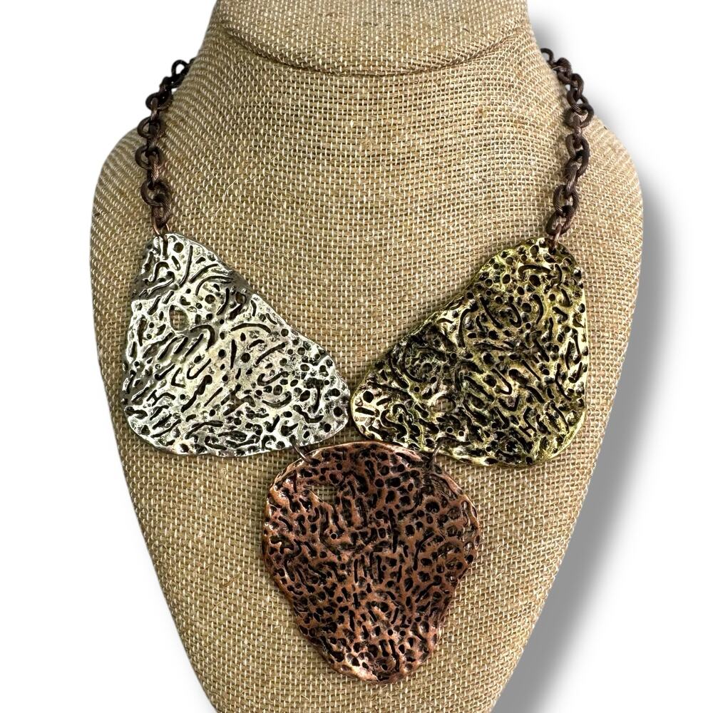 Lucia Mixed Metal Statement Necklace Abstract Hammered Pendant Bold Chain